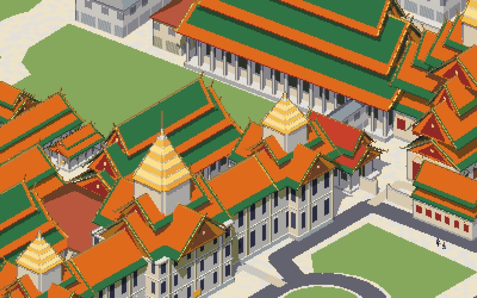 พระที่นั่งจักรีมหาปราสาทกับยอดปราสาทปิดทองสามยอด ในแผนที่พิกเซลอาร์ต