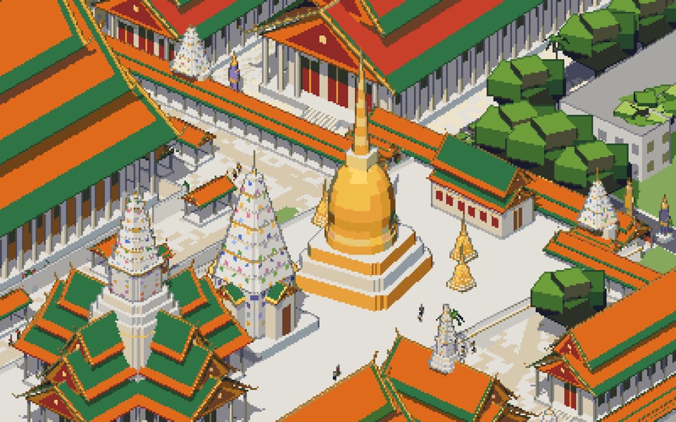 ฐานไพทีวัดพระแก้ว พระศรีรัตนเจดีย์สีทองและปราสาทพระเทพบิดรในแผนที่พิกเซลอาร์ต